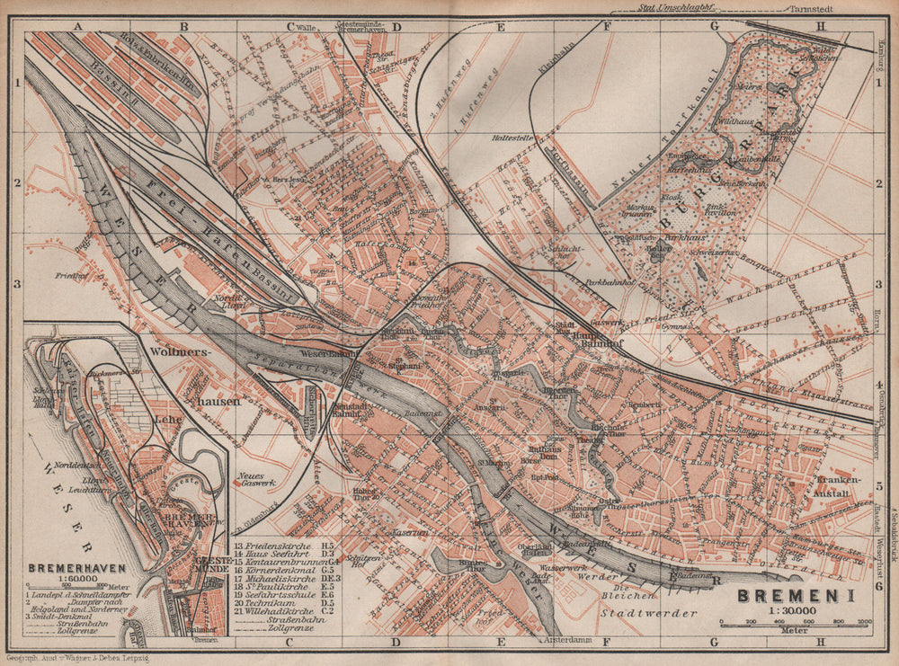 BREMEN antique town city stadtplan I. Bremerhaven karte. BAEDEKER 1904 old map