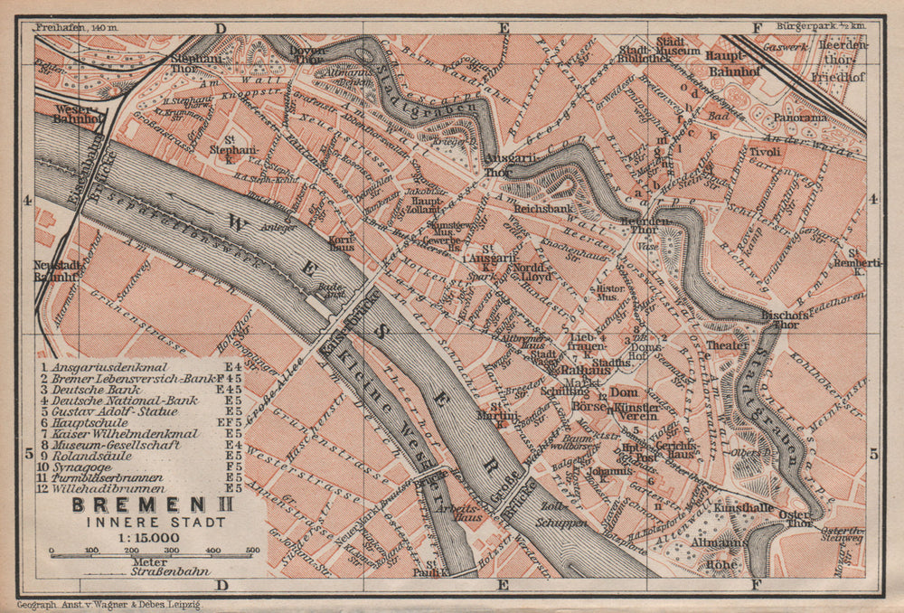 BREMEN antique town cityplan II. Innere Stadt karte. BAEDEKER 1904 old map