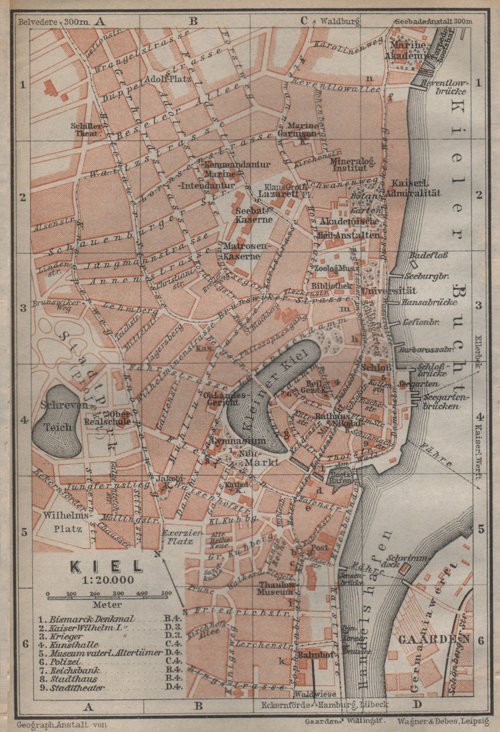 KIEL antique town city stadtplan. Schleswig-Holstein karte. BAEDEKER 1904 map