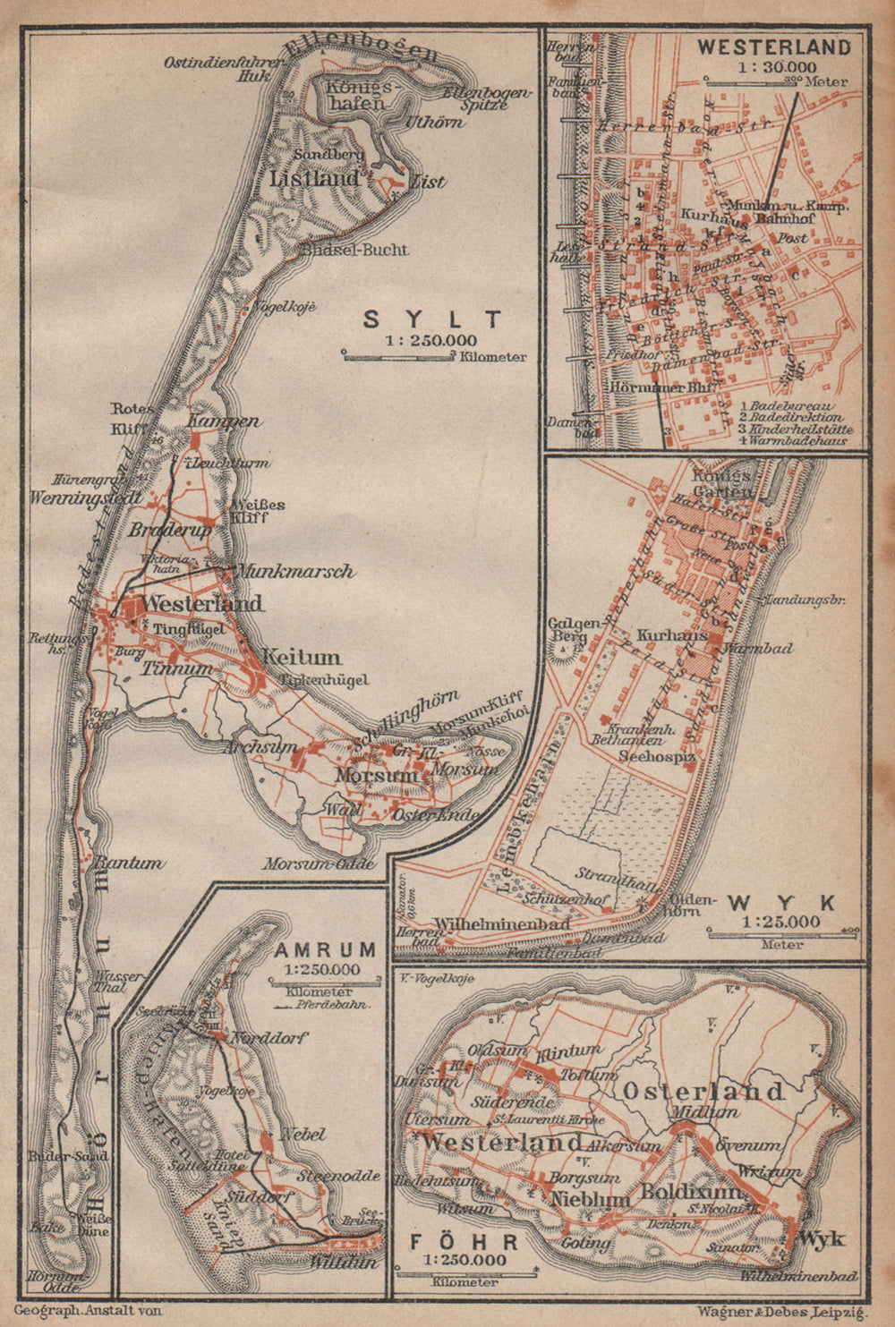 NORTH FRISIAN ISLANDS. Nordfriesland. Sylt Westerland Wyk Amrum Föhr 1904 map