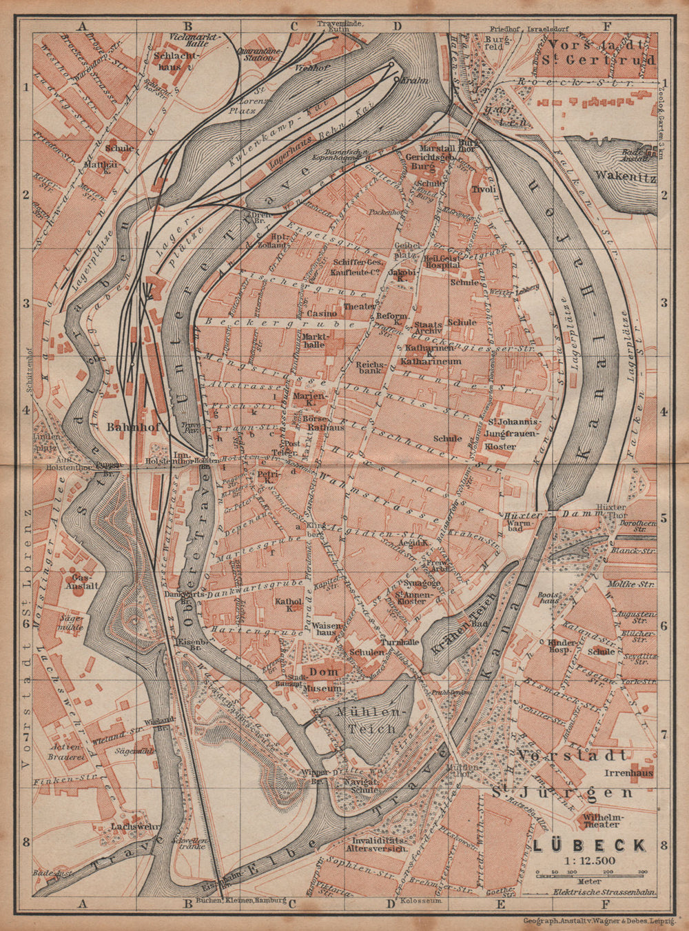 LÜBECK antique town city stadtplan. Schleswig-Holstein karte. BAEDEKER 1904 map