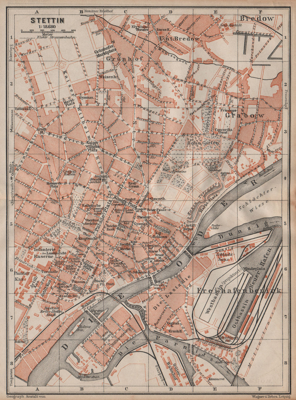 STETTIN SZCZECIN antique town city plan miasta. Poland mapa. BAEDEKER 1904