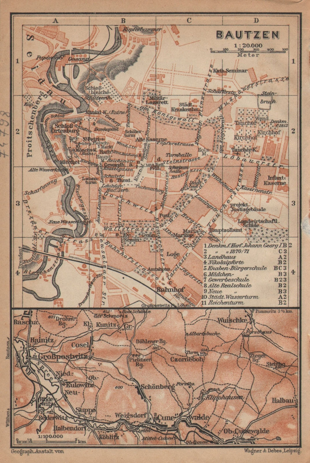 BAUTZEN antique town city stadtplan Czorneboh Großpostwitz Sorbian area 1904 map