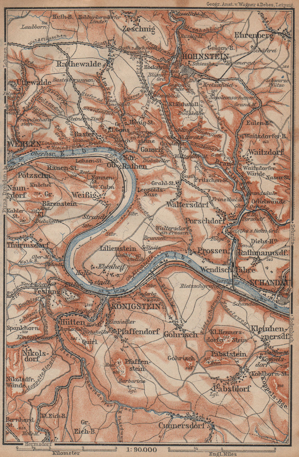 KÖNIGSTEIN & HOHNSTEIN umgebung. Sächsische schweiz Saxon Switzerland 1904 map