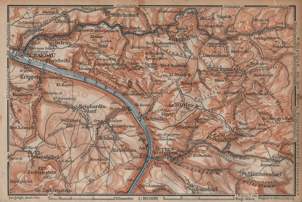 BAD SCHANDAU environs/umgebung. Sächsische schweiz. Deutschland karte 1904 map