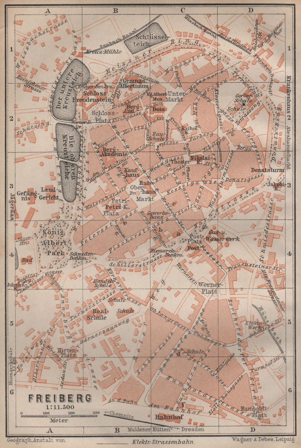 FREIBERG antique town city stadtplan. Saxony karte. BAEDEKER 1904 old map
