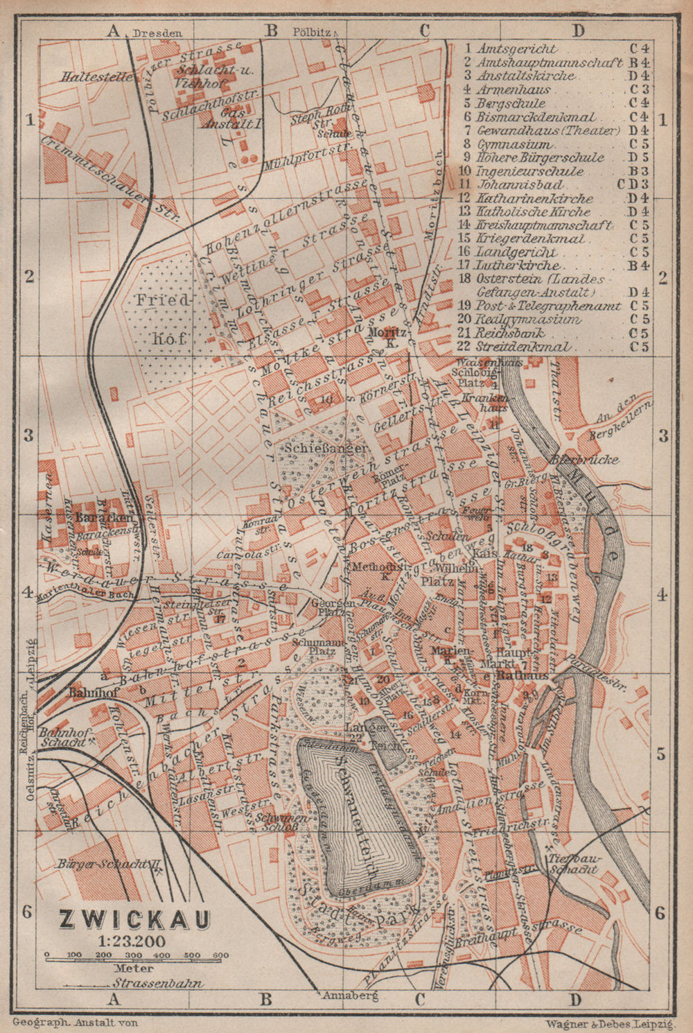 ZWICKAU antique town city stadtplan. Saxony karte. BAEDEKER 1904 old map