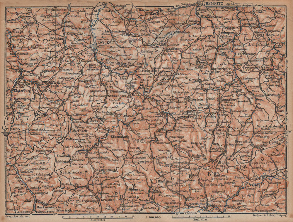 ORE MOUNTAINS. Erzgebirge Krusne hory Chemnitz Zwickau Plauen Glauchau 1904 map