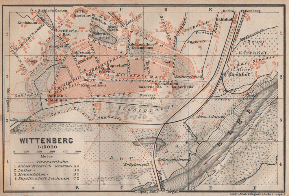 WITTENBERG antique town city stadtplan. Saxony-Anhalt karte. BAEDEKER 1904 map