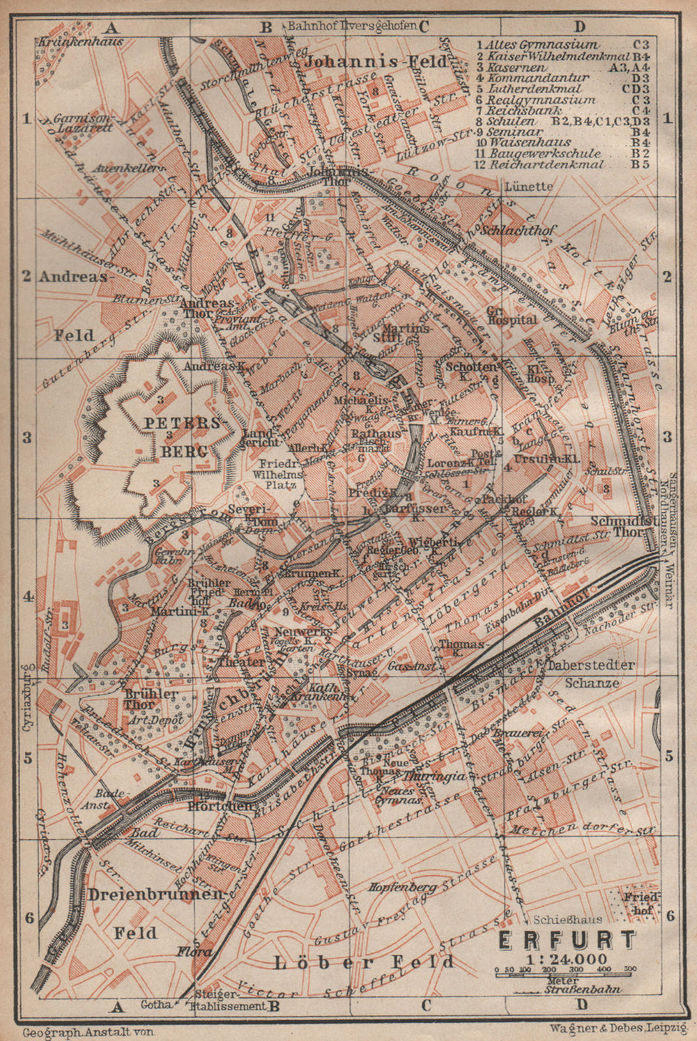 ERFURT antique town city stadtplan. Thuringia karte. BAEDEKER 1904 old map