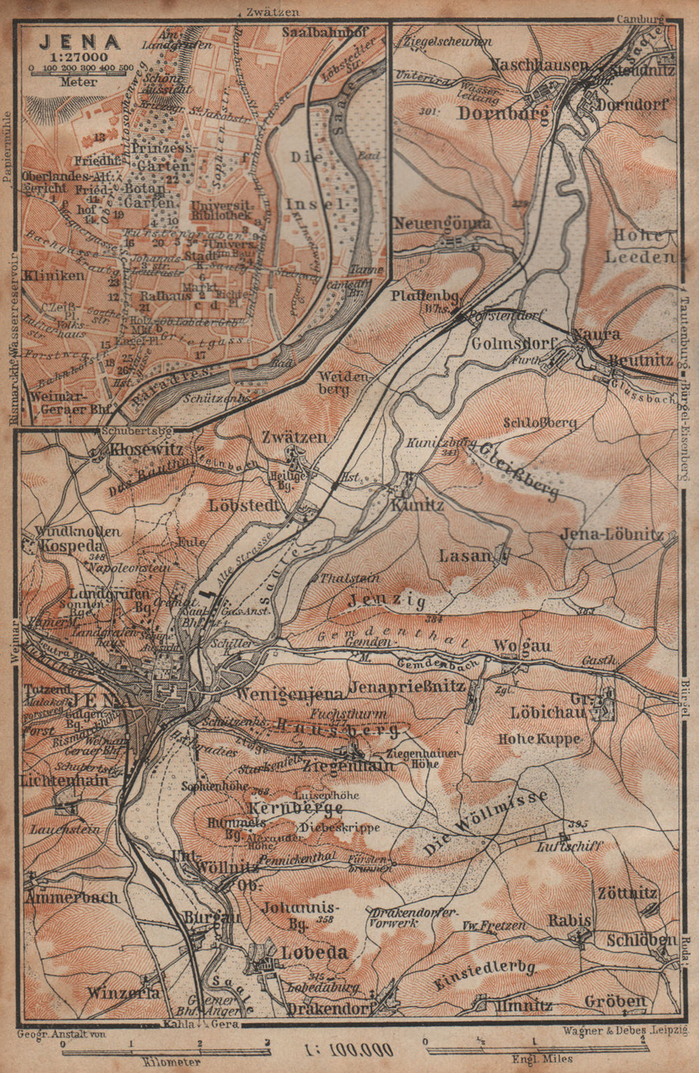 JENA & environs/umgebung. Dornburg. Thuringia karte. BAEDEKER 1904 old map