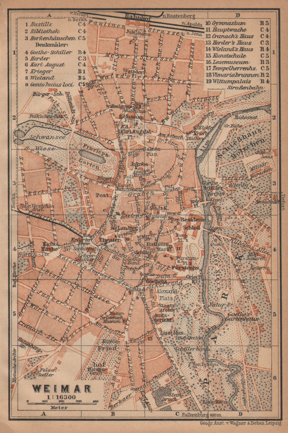 WEIMAR antique town city stadtplan. Thuringia karte. BAEDEKER 1904 old map