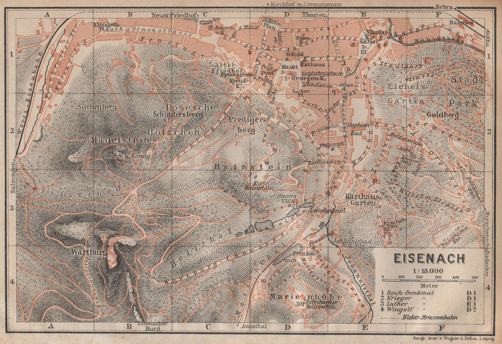 EISENACH antique town city stadtplan. Thuringia. Wartburg karte 1904 old map