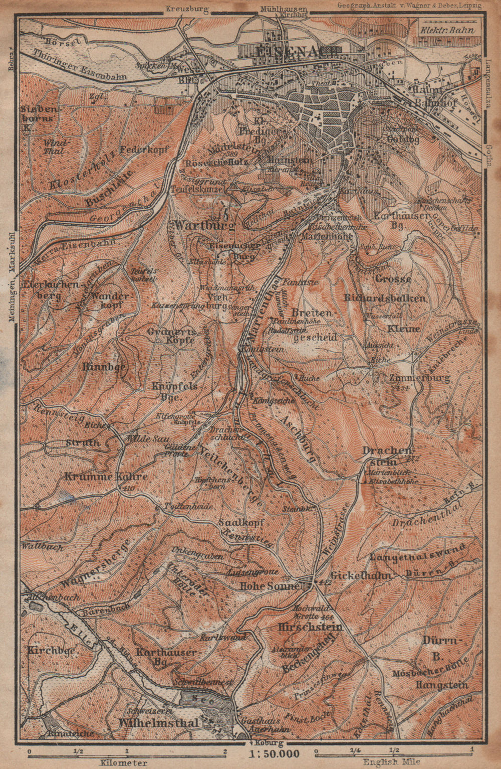 EISENACH & environs/umgebung. Wartburg. Thuringia karte. BAEDEKER 1904 old map