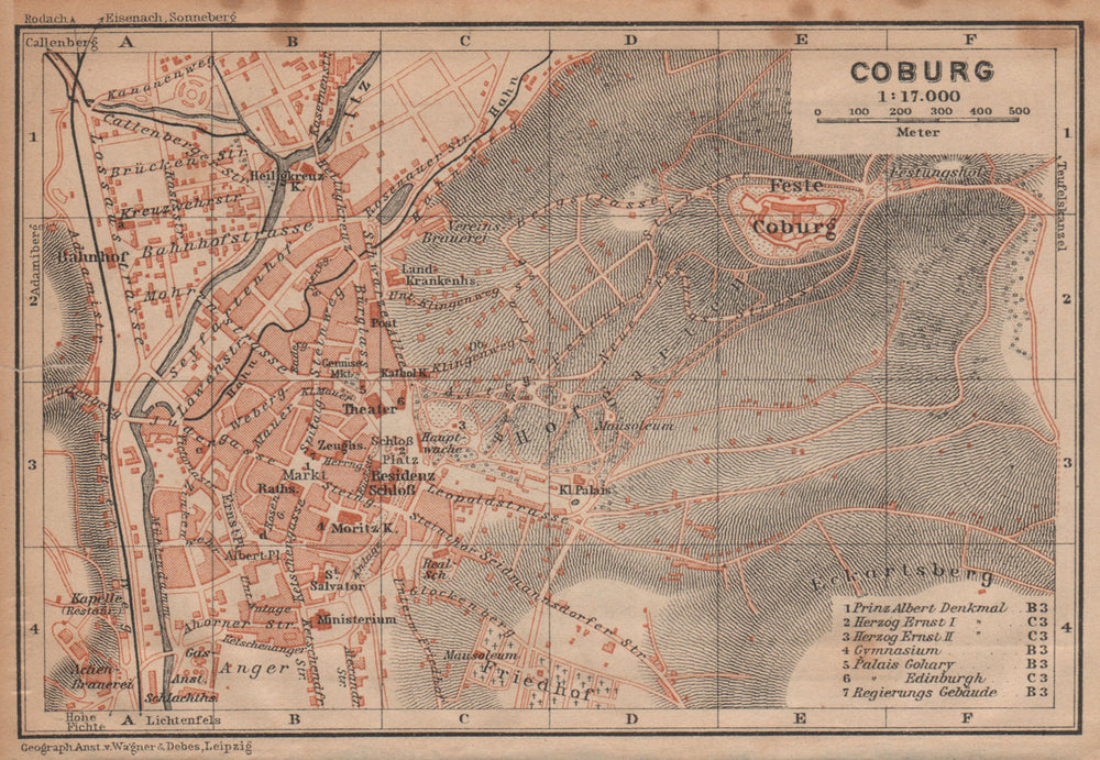 COBURG antique town city stadtplan & environs/umgebung. Bavaria karte 1904 map