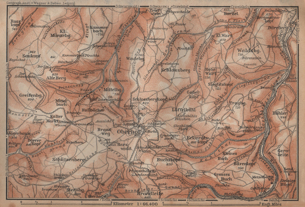 OBERHOF environs/umgebung. Schmalkalden-Meiningen, Thuringia. BAEDEKER 1904 map