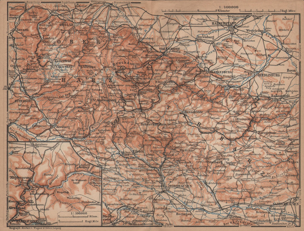 HARZ MOUNTAINS topo-map. Harzgerode. Halberstadt Nordhausen karte 1904 old