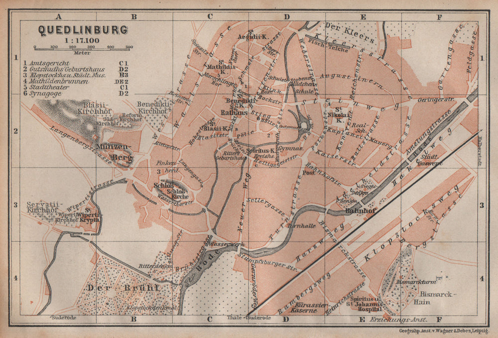 QUEDLINBURG antique town city stadtplan. Germany karte. BAEDEKER 1904 old map