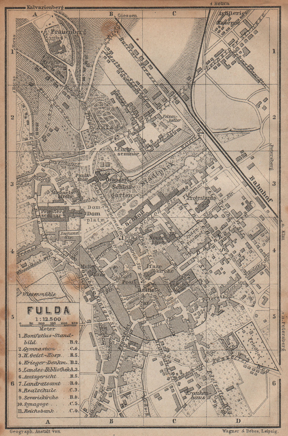 FULDA antique town city stadtplan. Hessen karte. BAEDEKER 1904 old map