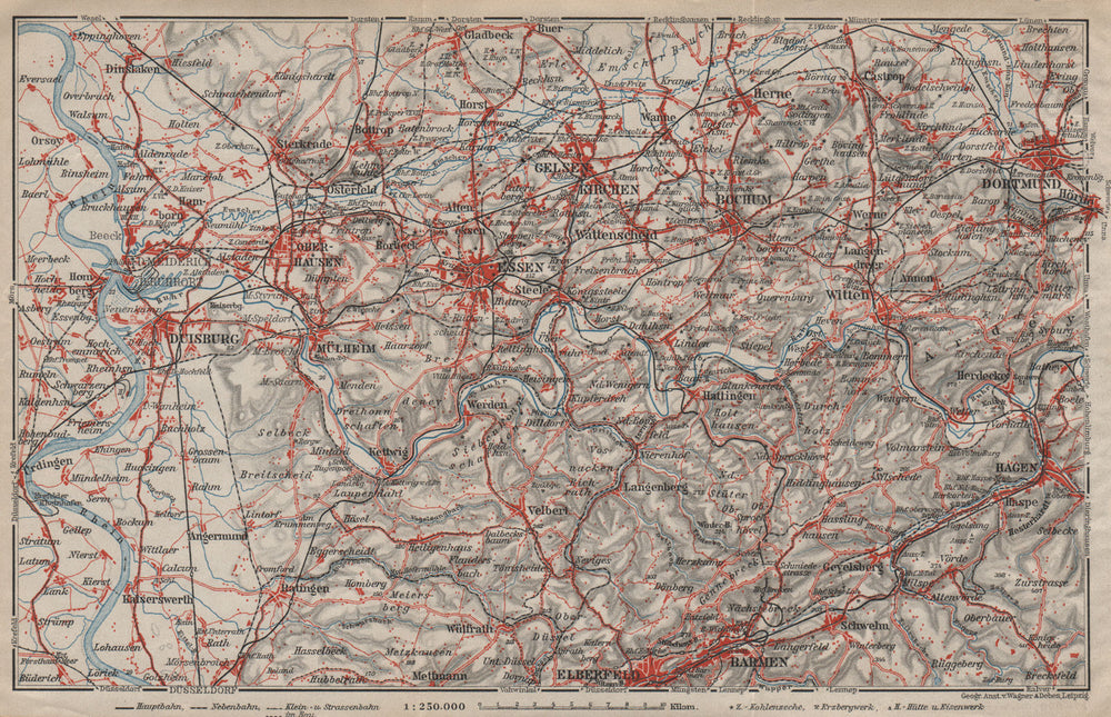RUHRGEBIET Eisenbahnen RUHR VALLEY Duisburg Essen Bochum Herne Dortmund 1910 map