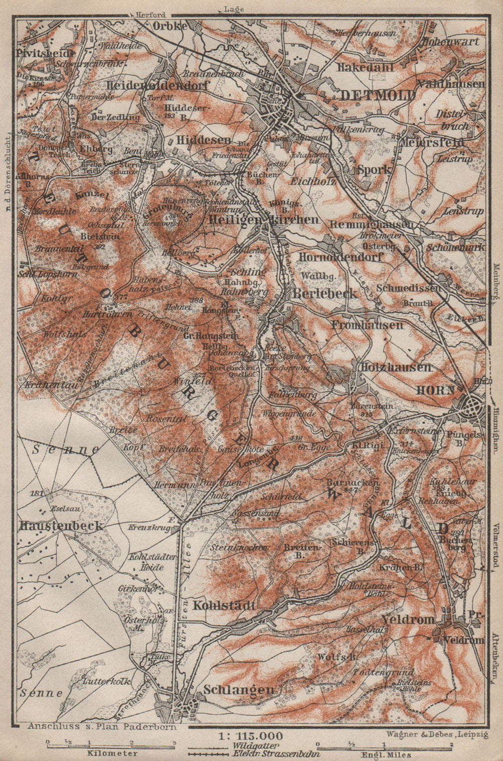 DETMOLD & TEUTOBURGER WALD/Forest topo-map. Northrhine-Westfalia karte 1910