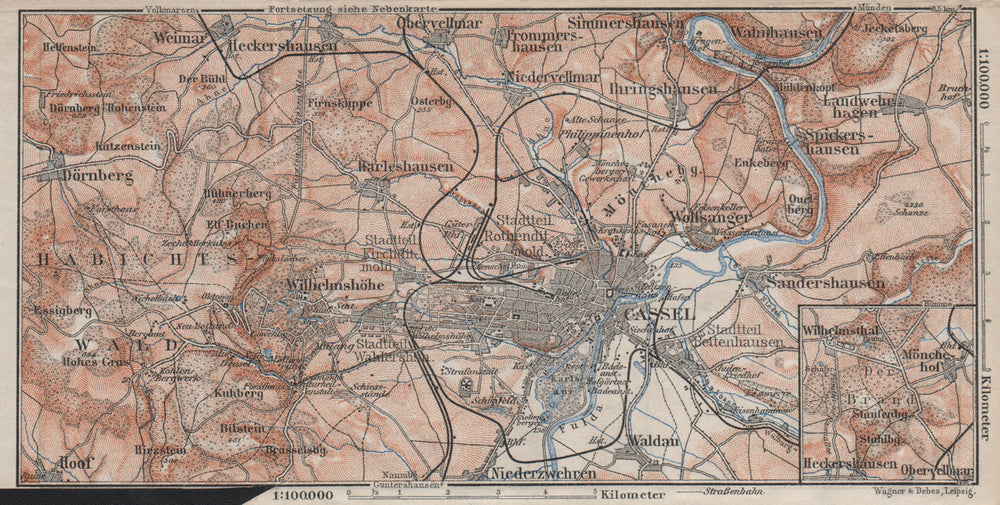 KASSEL CASSEL & environs/umgebung. Hessen. Germany karte 1910 old antique map