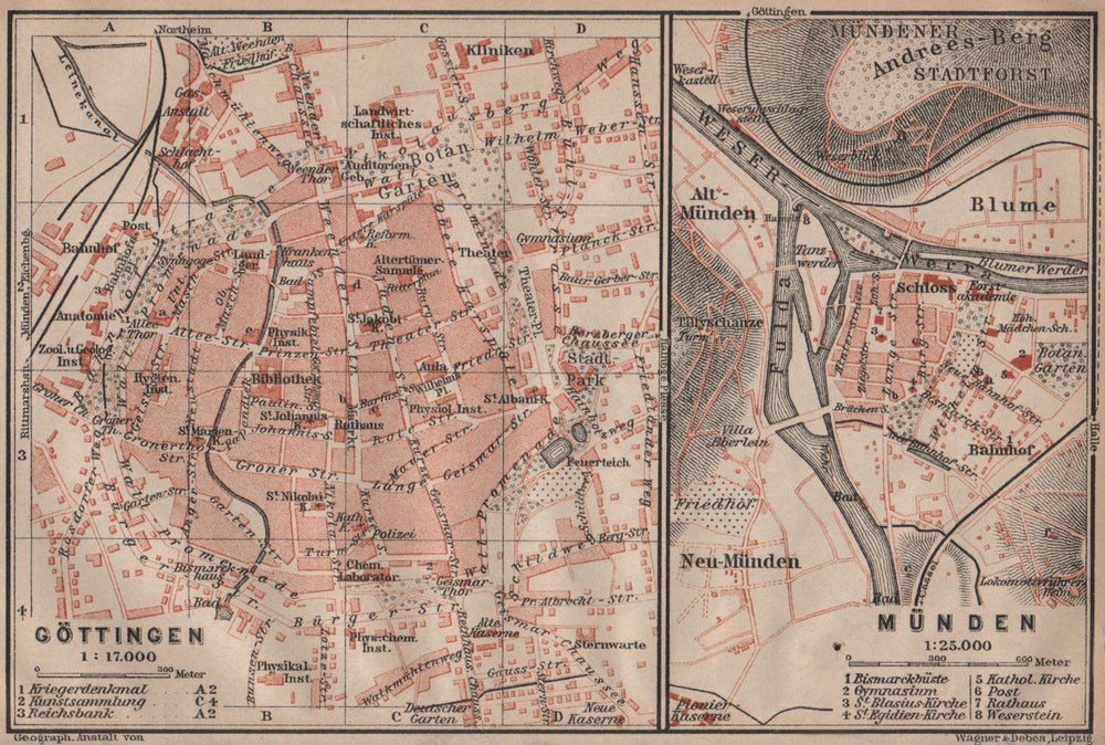 GÖTTINGEN & MÜNDEN antique town city stadtplans. Lower Saxony. BAEDEKER 1910 map