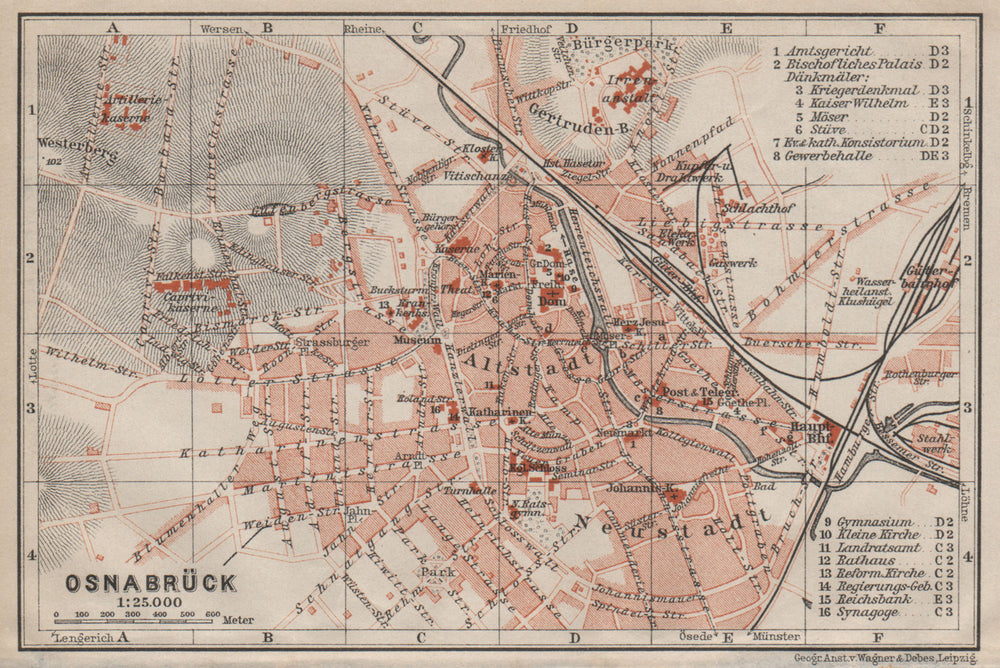 OSNABRÜCK antique town city stadtplan. Lower Saxony karte. BAEDEKER 1910 map