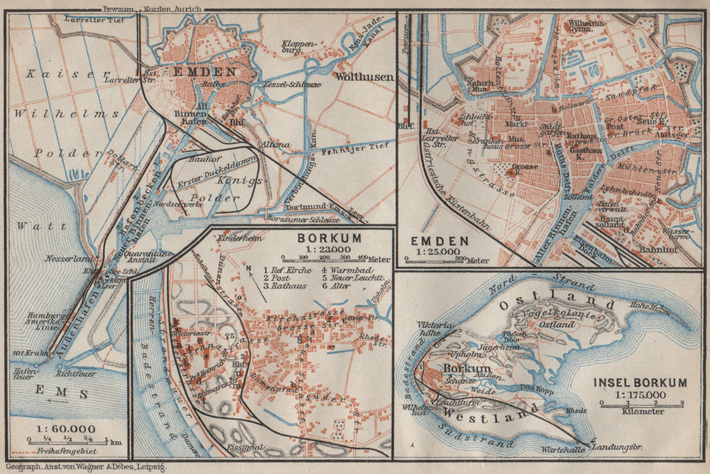 Insel BORKUM & EMDEN antique town city plan stadtplan. Lower Saxony 1910 map