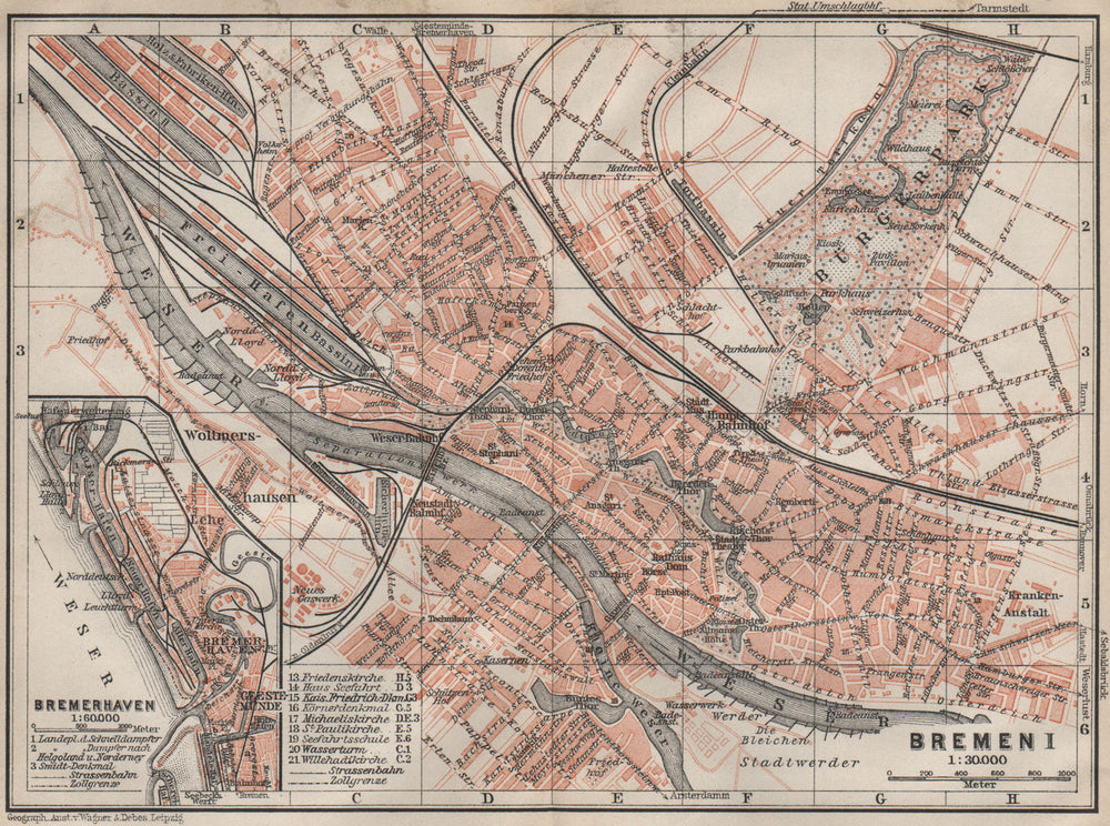 BREMEN antique town city stadtplan I. Bremerhaven karte. BAEDEKER 1910 old map