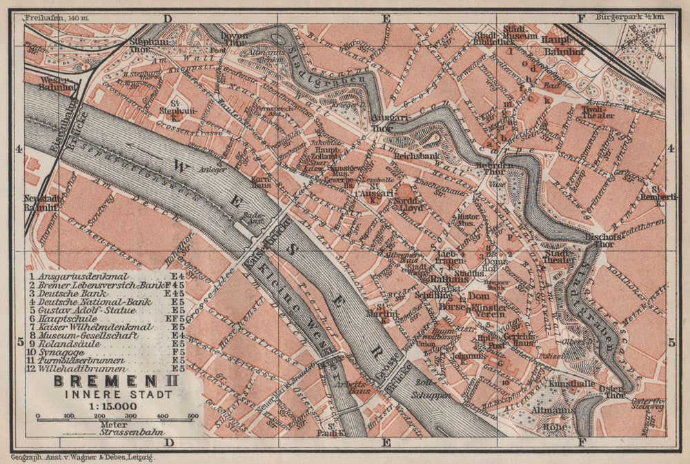 BREMEN antique town cityplan II. Innere Stadt karte. BAEDEKER 1910 old map