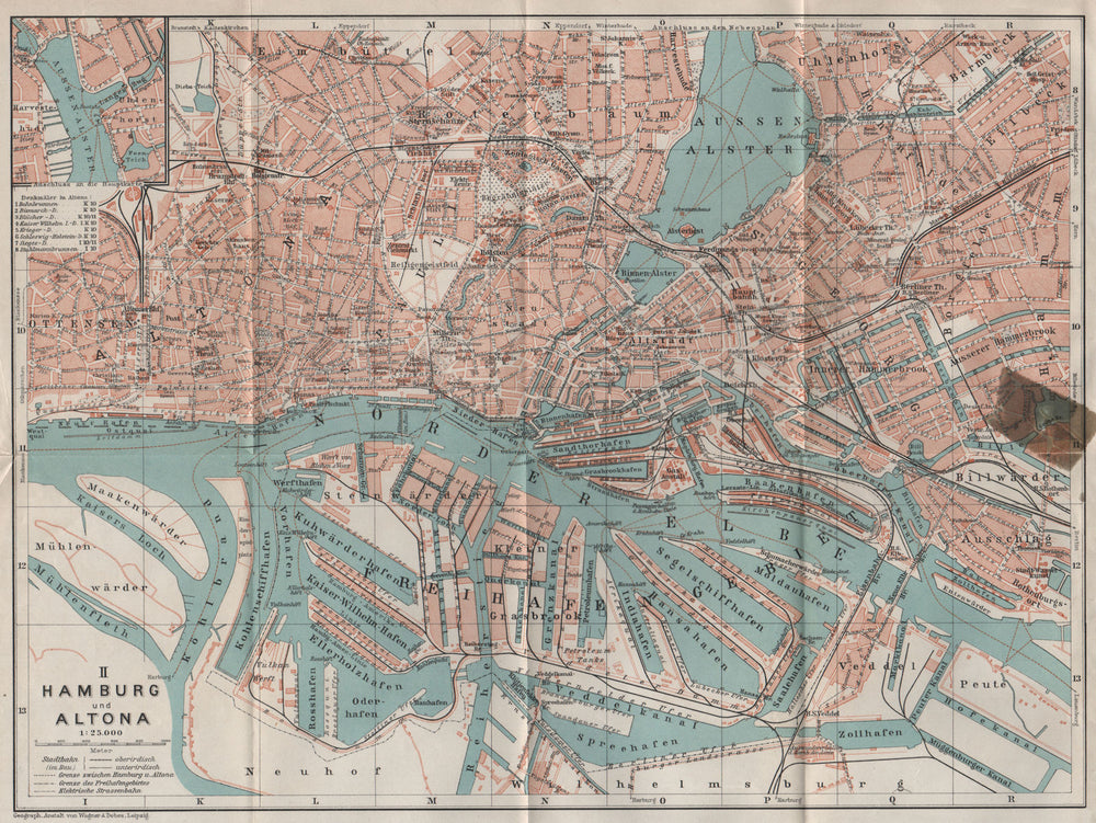 HAMBURG & ALTONA town city stadtplan St Pauli St Georg Freihafengebiet 1910 map