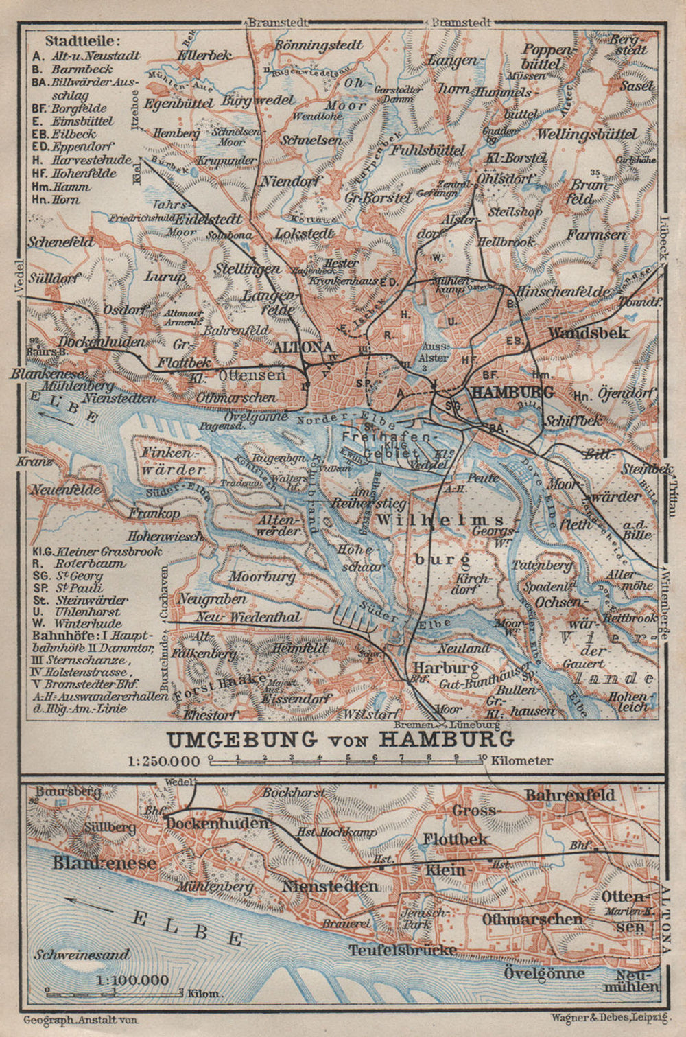 HAMBURG environs/ umgebung. Elbe. Altona Wilhelmsburg. BAEDEKER 1910 old map