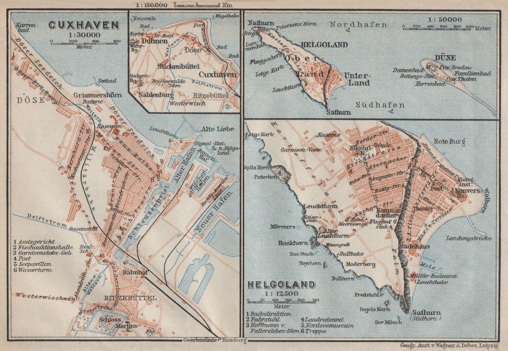 CUXHAVEN & HELGOLAND antique town city stadtplan. Heligoland. BAEDEKER 1910 map