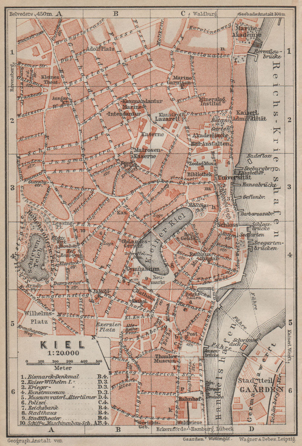 KIEL antique town city stadtplan. Schleswig-Holstein karte. BAEDEKER 1910 map