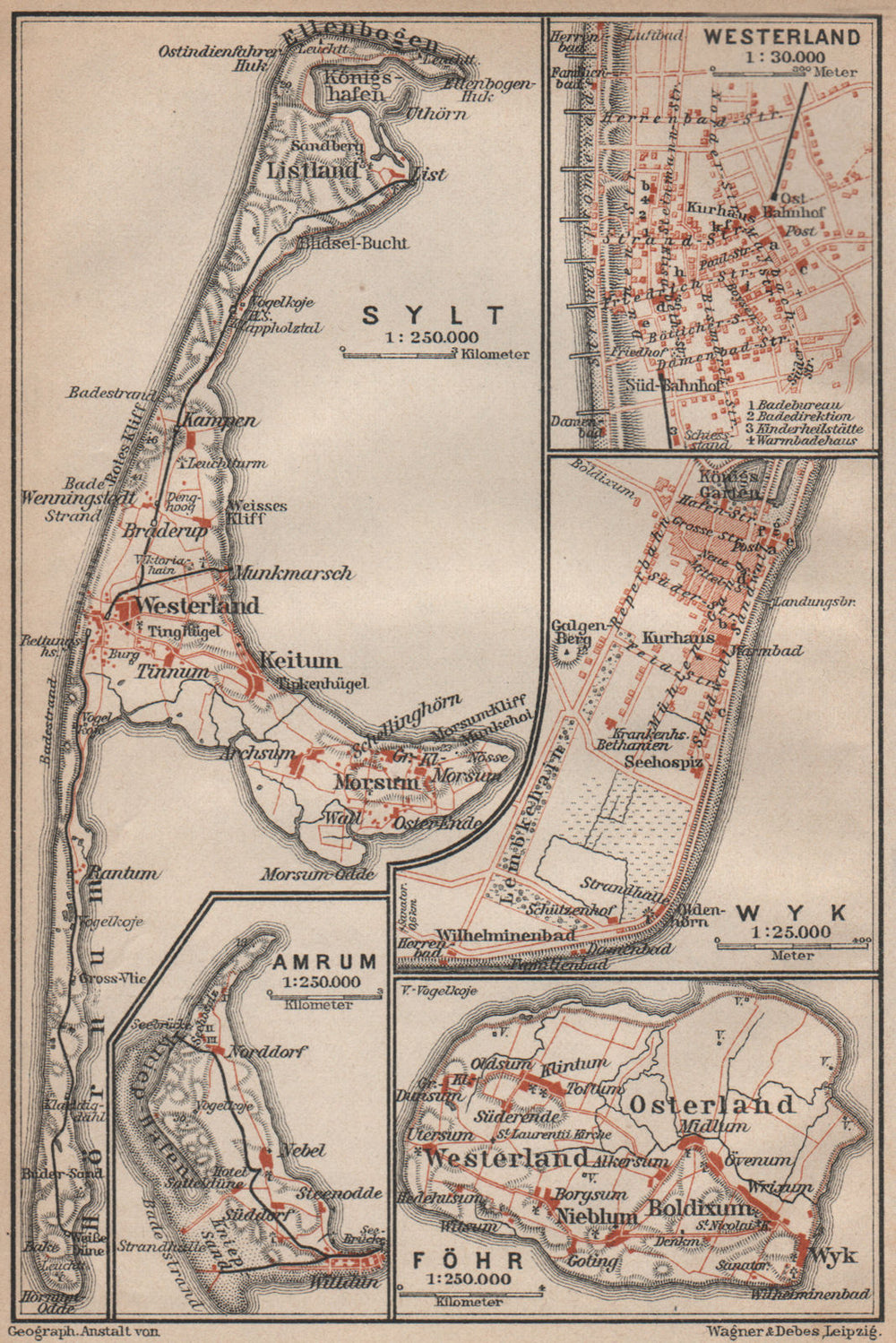 NORTH FRISIAN ISLANDS. Nordfriesland. Sylt Westerland Wyk Amrum Föhr 1910 map
