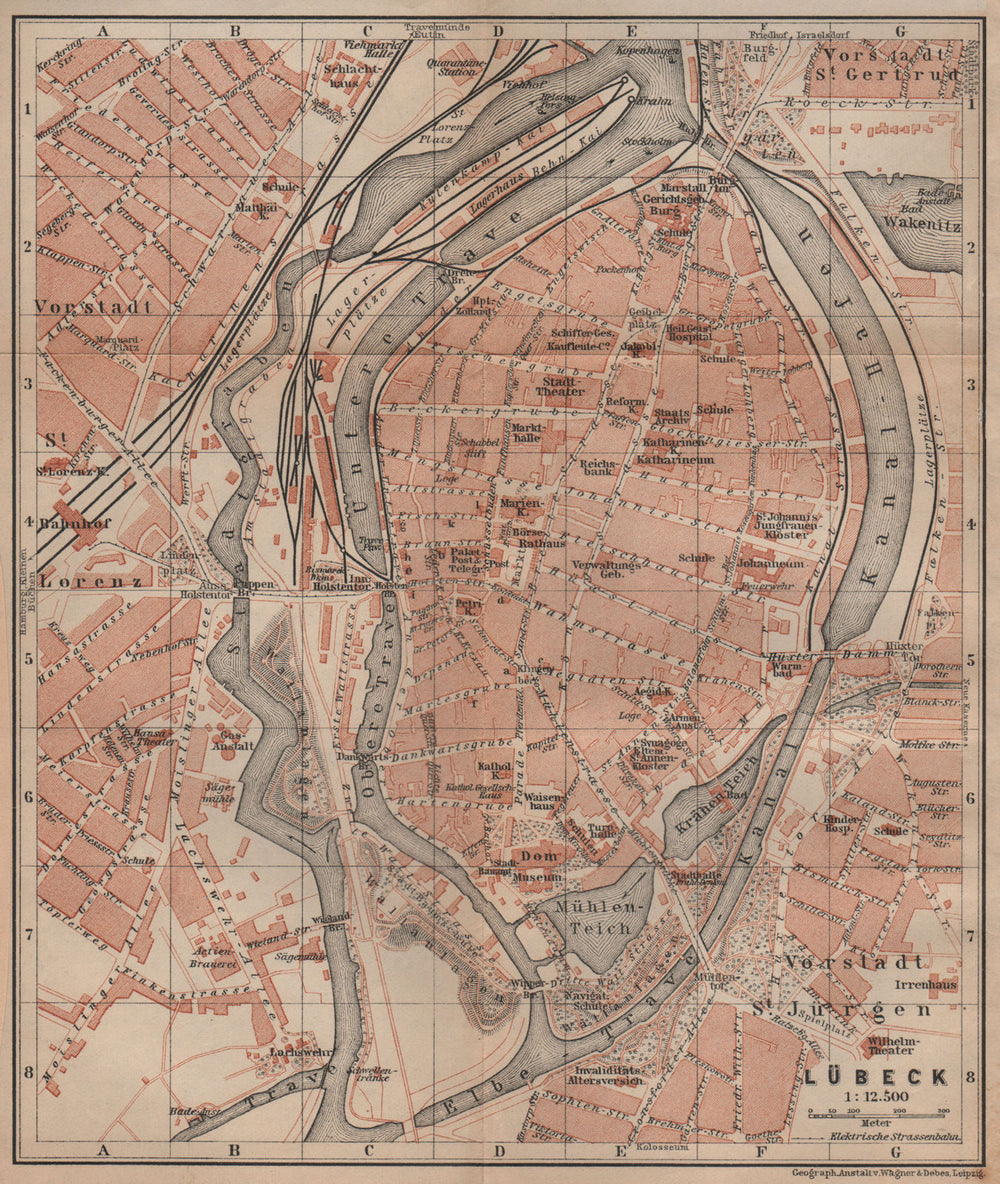 LÜBECK antique town city stadtplan. Schleswig-Holstein karte. BAEDEKER 1910 map
