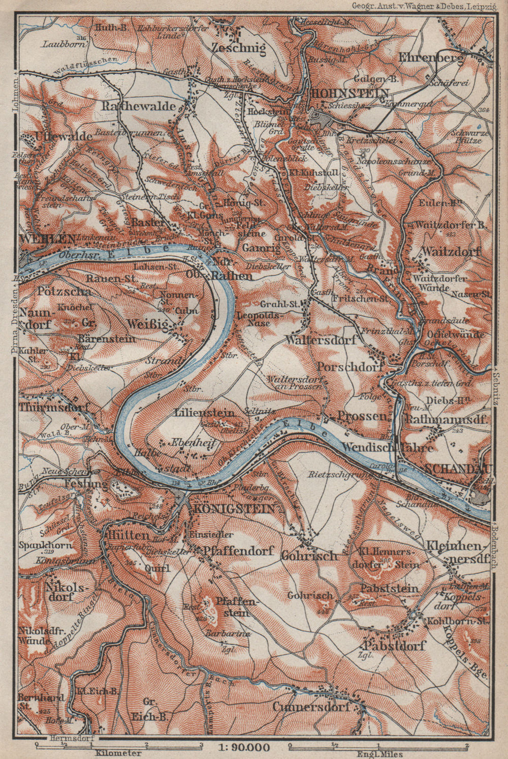 KÖNIGSTEIN & HOHNSTEIN umgebung. Sächsische schweiz Saxon Switzerland 1910 map
