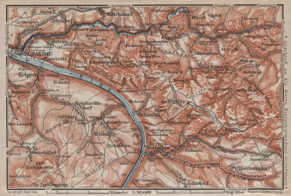 BAD SCHANDAU environs/umgebung. Sächsische schweiz. Deutschland karte 1910 map