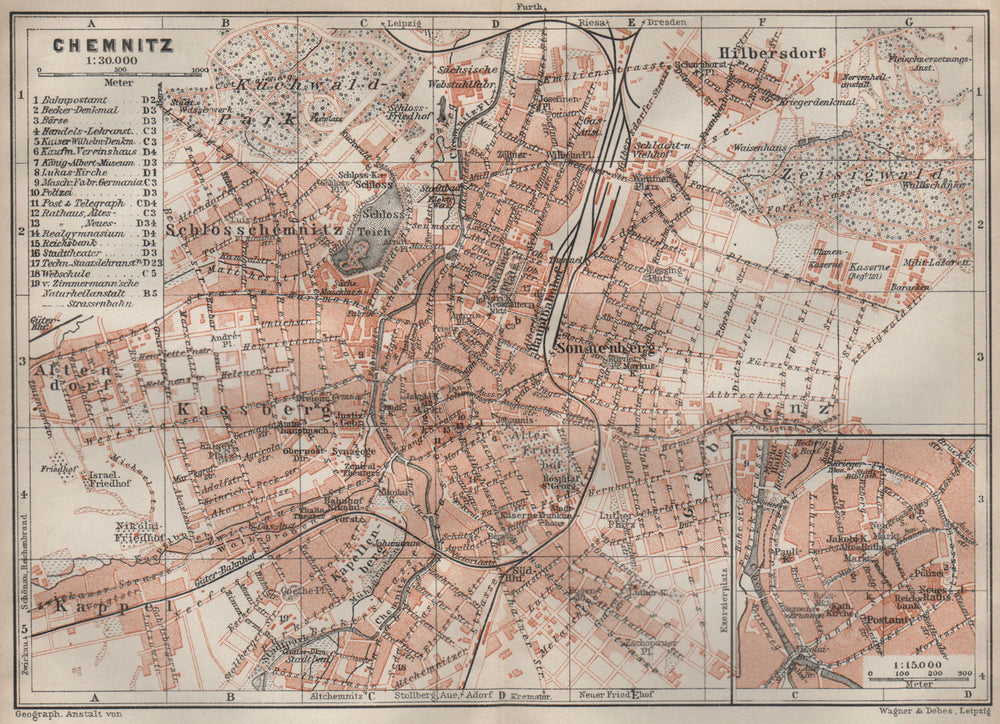 CHEMNITZ antique town city stadtplan. Saxony karte. BAEDEKER 1910 old map