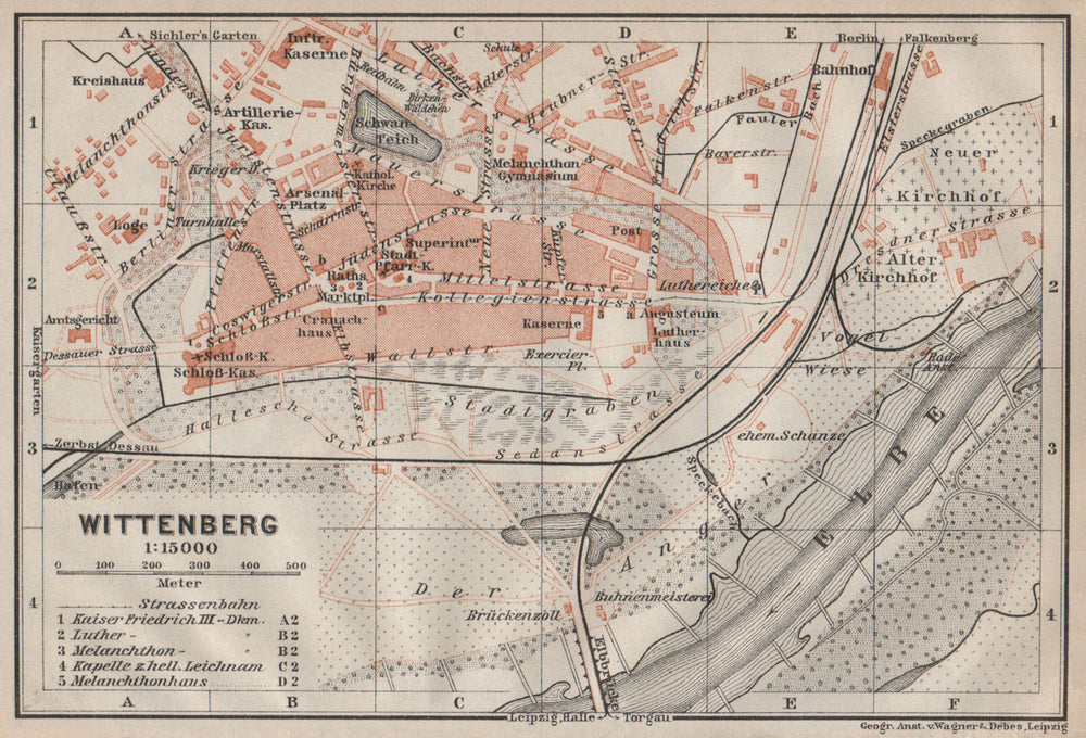 WITTENBERG antique town city stadtplan. Saxony-Anhalt karte. BAEDEKER 1910 map