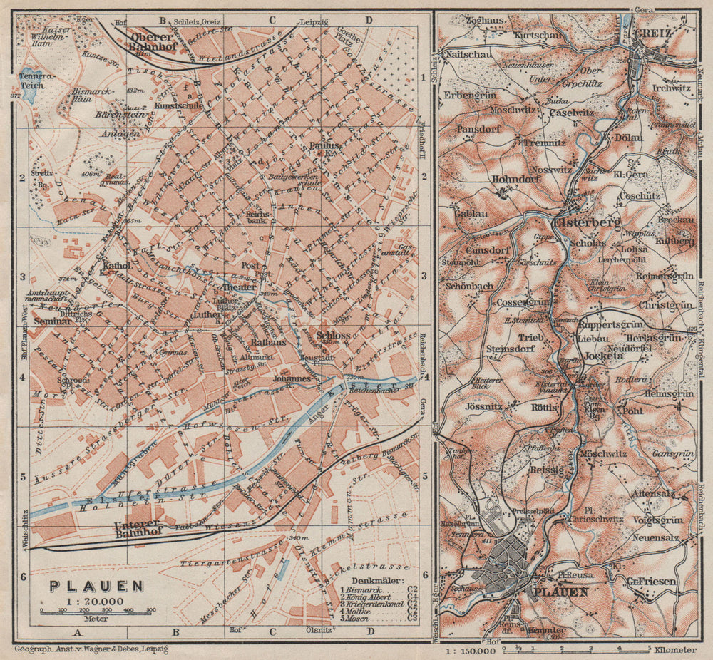 PLAUEN antique town city stadtplan. ELSTER VALLEY to Greiz. Saxony 1910 map