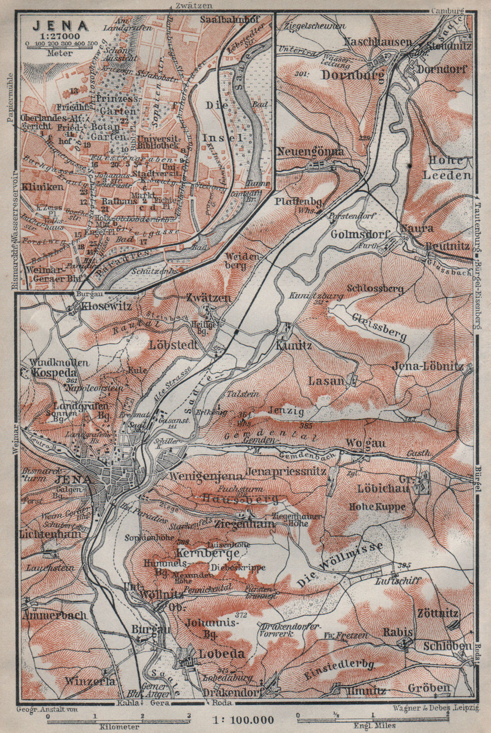JENA & environs/umgebung. Dornburg. Thuringia karte. BAEDEKER 1910 old map