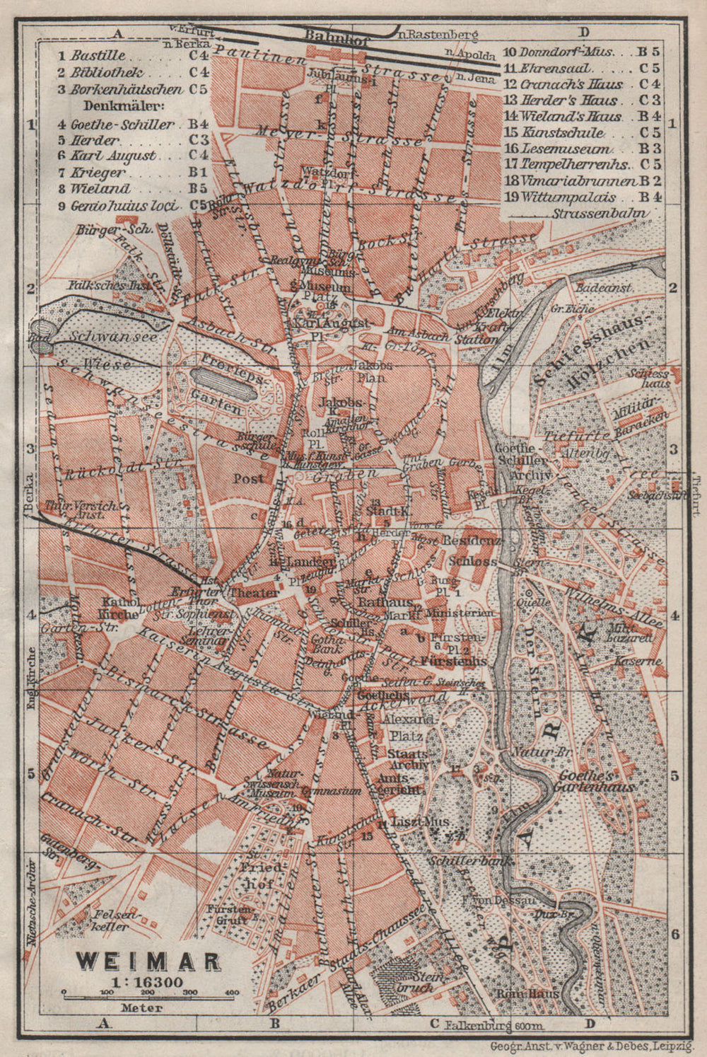 WEIMAR antique town city stadtplan. Thuringia karte. BAEDEKER 1910 old map