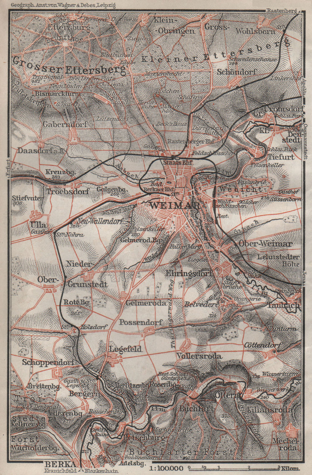 WEIMAR environs/umgebung. Thuringia. BAEDEKER 1910 old antique map plan chart