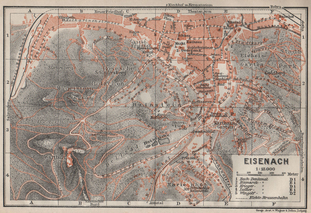 EISENACH antique town city stadtplan. Thuringia. Wartburg karte 1910 old map
