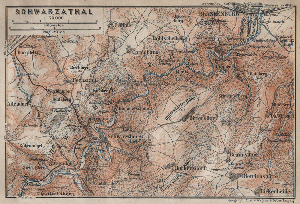 BLANKENBURG & environs/umgebung. Schwarzatal. Thuringia karte 1910 old map