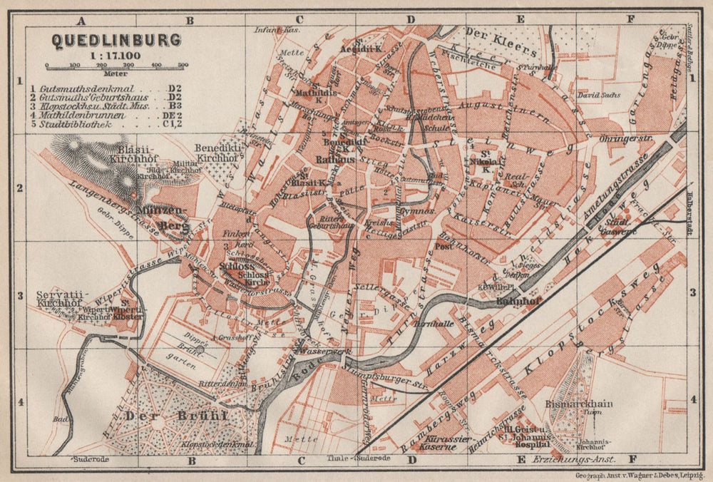 QUEDLINBURG antique town city stadtplan. Germany karte. BAEDEKER 1910 old map