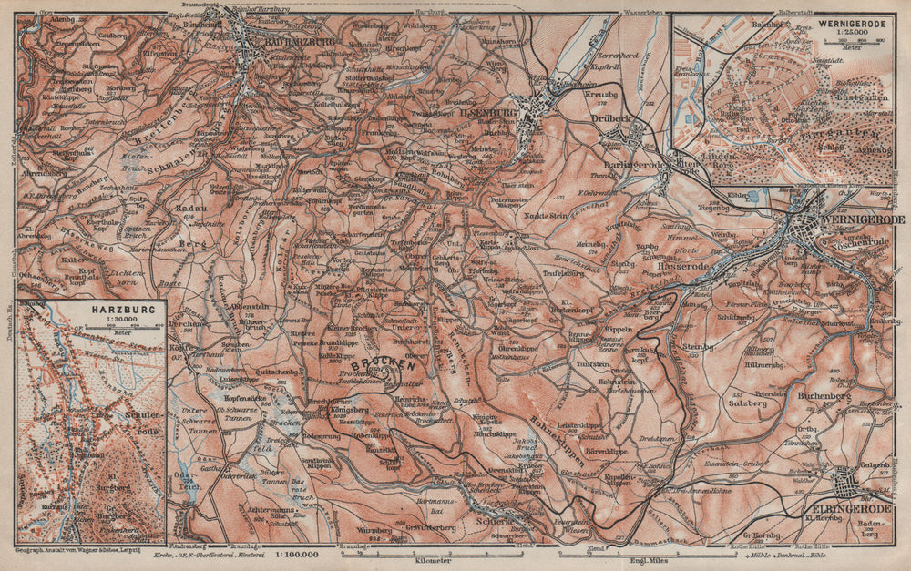 BAD HARZBURG & WERNIGERODE town city stadtplan. HARZ MOUNTAINS. Brocken 1910 map