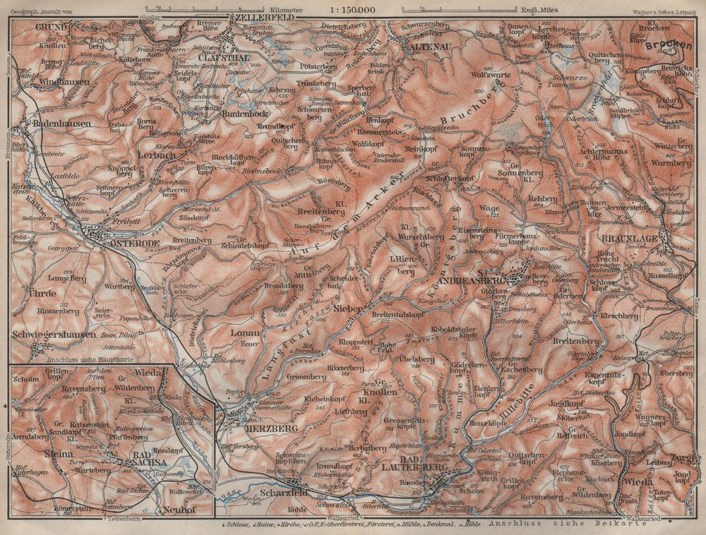 HARZ MOUNTAINS from Osterode to the Brocken. Herzberg St Andreasberg 1910 map